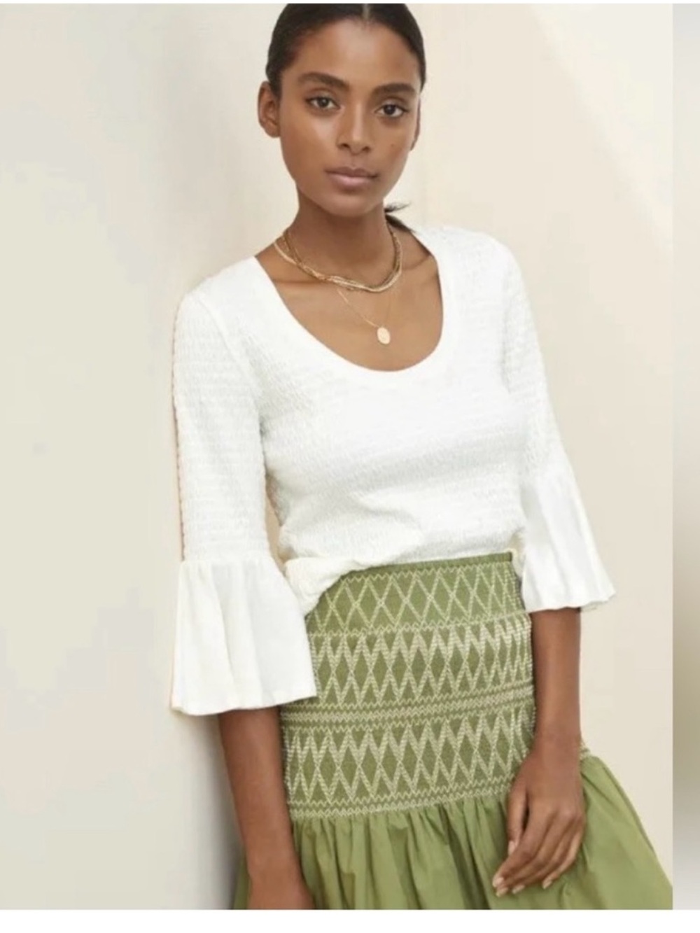 Anthropologie Cream Textured Top Bell Sleeves Shirt 310